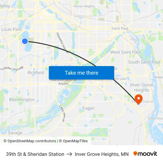 39th St & Sheridan Station to Inver Grove Heights, MN map