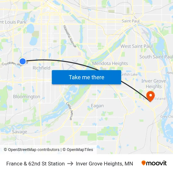 France & 62nd St Station to Inver Grove Heights, MN map