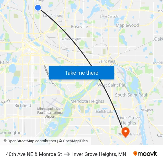 40th Ave NE & Monroe St to Inver Grove Heights, MN map