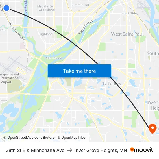 38th St E & Minnehaha Ave to Inver Grove Heights, MN map