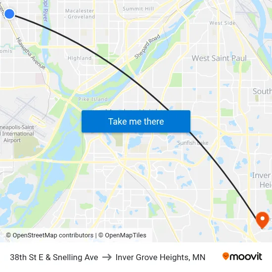 38th St E & Snelling Ave to Inver Grove Heights, MN map