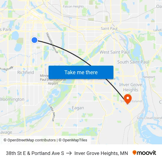 38th St E & Portland Ave S to Inver Grove Heights, MN map