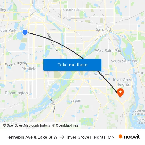 Hennepin Ave & Lake St W to Inver Grove Heights, MN map