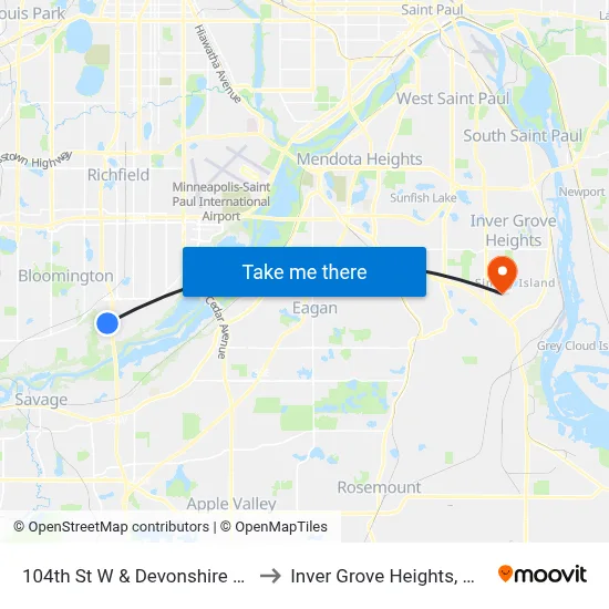 104th St W & Devonshire Rd to Inver Grove Heights, MN map