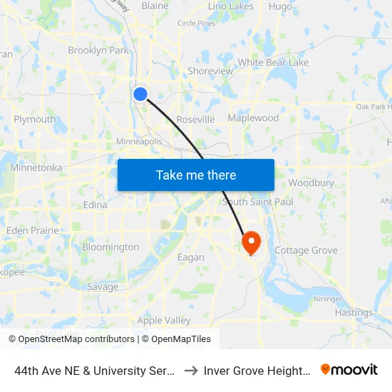 44th Ave NE & University Service Rd to Inver Grove Heights, MN map