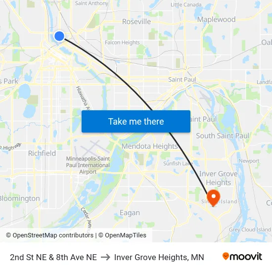 2nd St NE & 8th Ave NE to Inver Grove Heights, MN map
