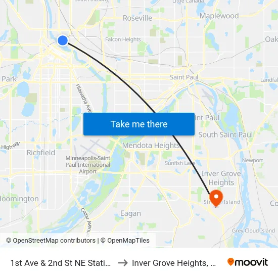 1st Ave & 2nd St NE Station to Inver Grove Heights, MN map