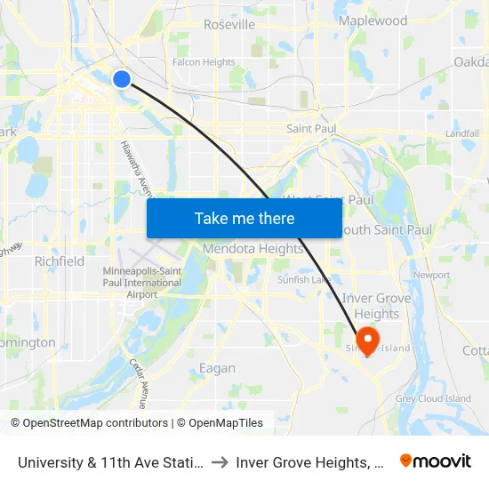 University & 11th Ave Station to Inver Grove Heights, MN map