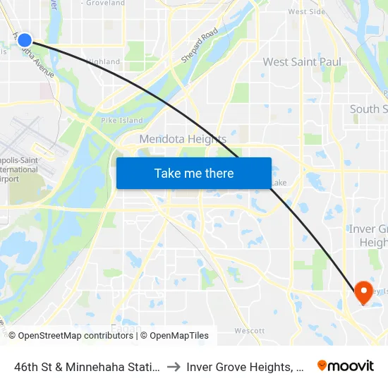 46th St & Minnehaha Station to Inver Grove Heights, MN map
