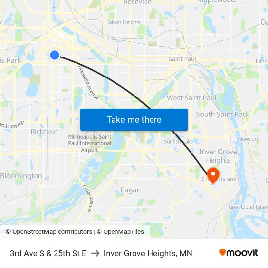 3rd Ave S & 25th St E to Inver Grove Heights, MN map