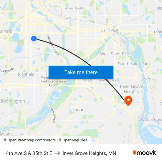 4th Ave S & 35th St E to Inver Grove Heights, MN map