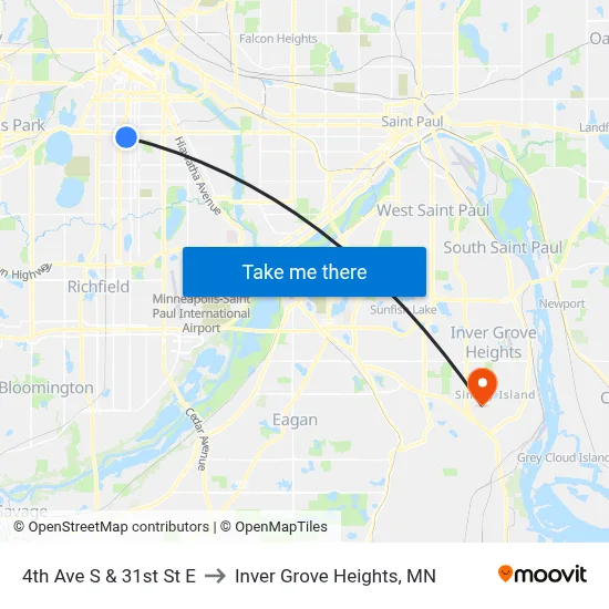 4th Ave S & 31st St E to Inver Grove Heights, MN map