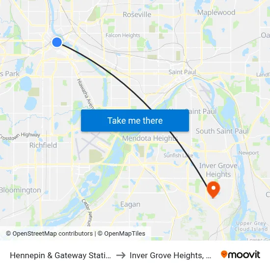 Hennepin & Gateway Station to Inver Grove Heights, MN map