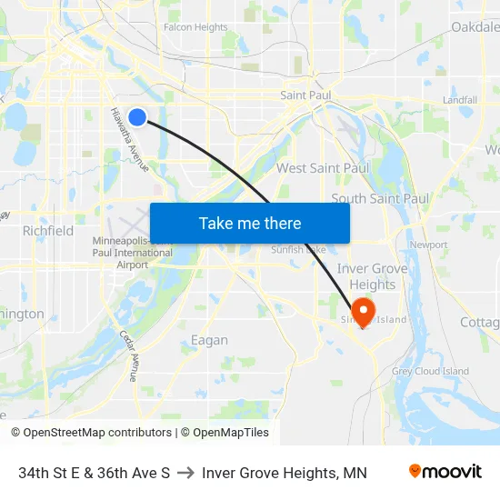 34th St E & 36th Ave S to Inver Grove Heights, MN map