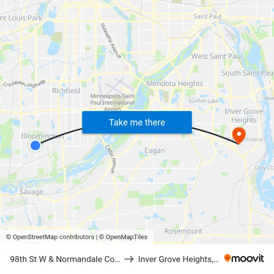 98th St W & Normandale College to Inver Grove Heights, MN map