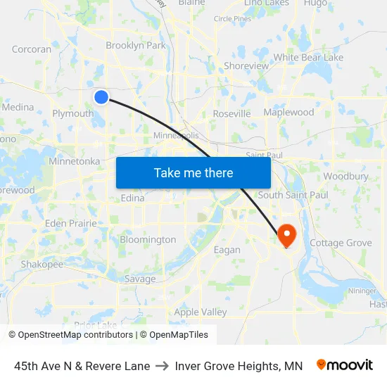 45th Ave N & Revere Lane to Inver Grove Heights, MN map