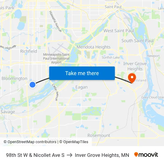 98th St W & Nicollet Ave S to Inver Grove Heights, MN map