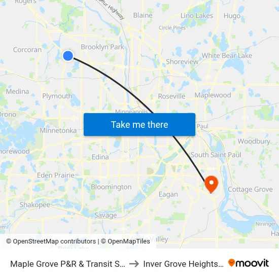 Maple Grove P&R & Transit Station to Inver Grove Heights, MN map