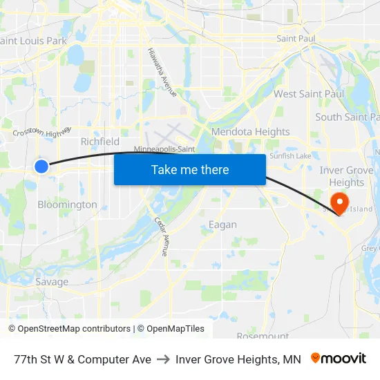 77th St W & Computer Ave to Inver Grove Heights, MN map