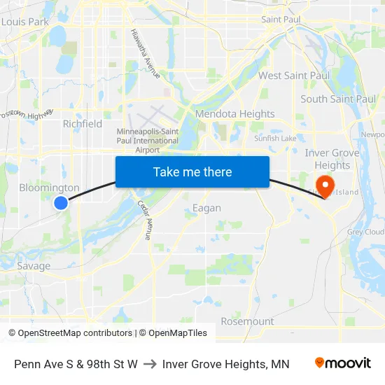 Penn Ave S & 98th St W to Inver Grove Heights, MN map