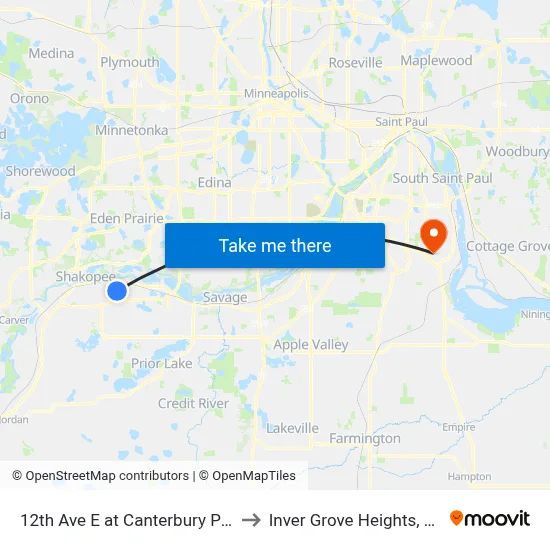 12th Ave E at Canterbury Park to Inver Grove Heights, MN map