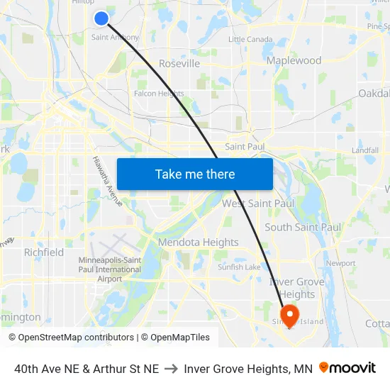 40th Ave NE & Arthur St NE to Inver Grove Heights, MN map