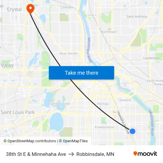 38th St E & Minnehaha Ave to Robbinsdale, MN map