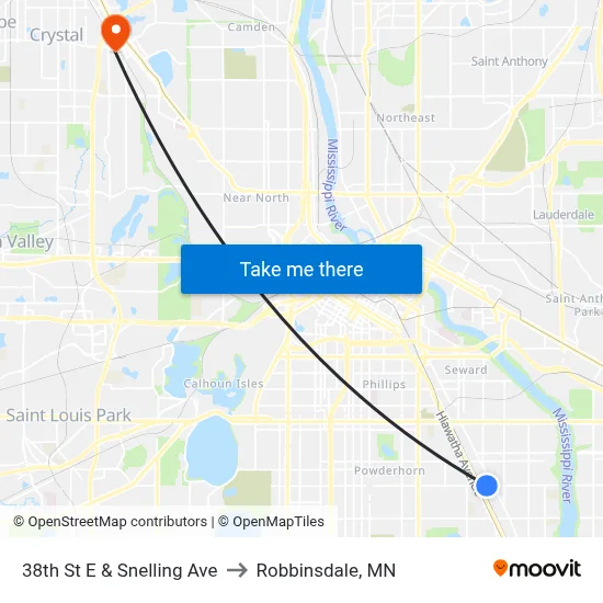 38th St E & Snelling Ave to Robbinsdale, MN map