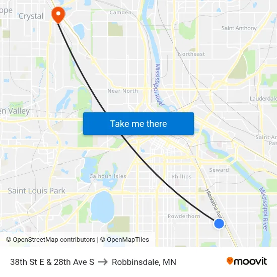 38th St E & 28th Ave S to Robbinsdale, MN map