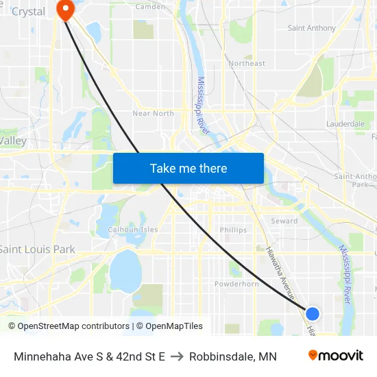 Minnehaha Ave S & 42nd St E to Robbinsdale, MN map