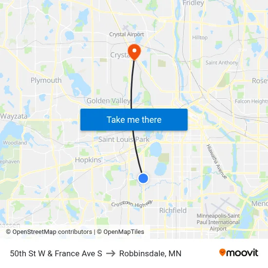 50th St W & France Ave S to Robbinsdale, MN map