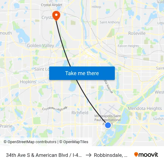 34th Ave S & American Blvd / I-494 to Robbinsdale, MN map