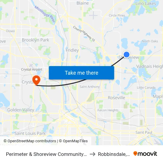 Perimeter & Shoreview Community Center to Robbinsdale, MN map