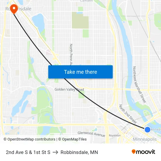 2nd Ave S & 1st St S to Robbinsdale, MN map