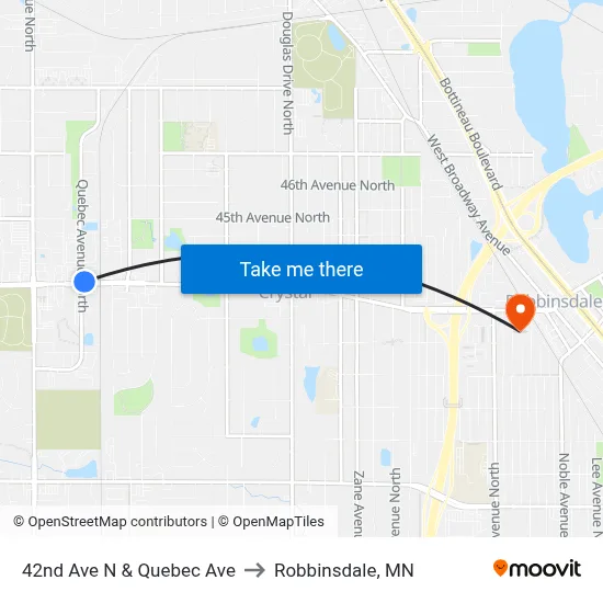 42nd Ave N & Quebec Ave to Robbinsdale, MN map