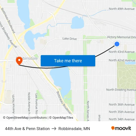 44th Ave & Penn Station to Robbinsdale, MN map