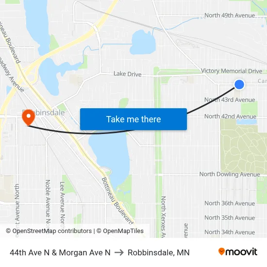 44th Ave N & Morgan Ave N to Robbinsdale, MN map
