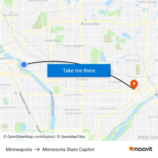 Minneapolis to Minnesota State Capitol map