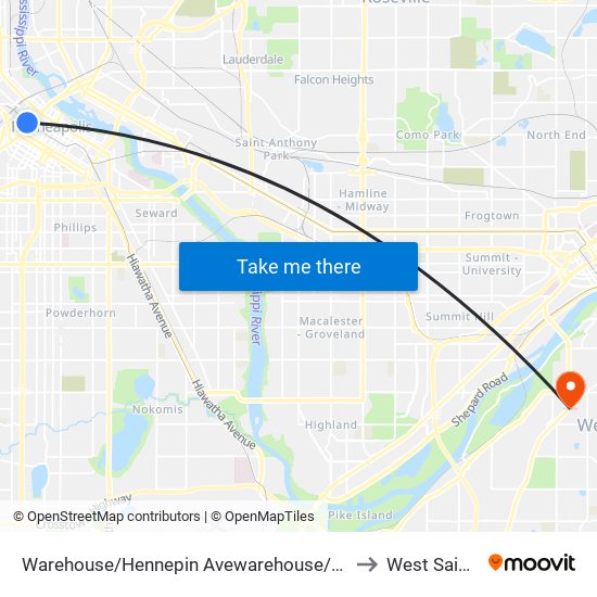 Warehouse/Hennepin Avewarehouse/Hennepin Avenue to West Saint Paul map