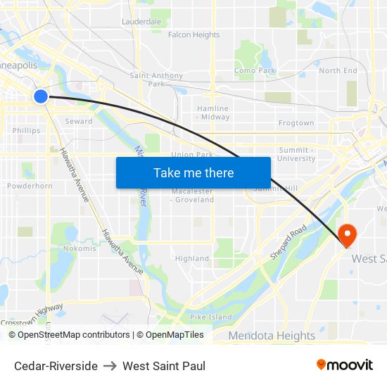 Cedar-Riverside to West Saint Paul map