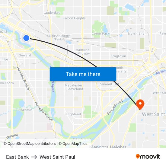 East Bank to West Saint Paul map