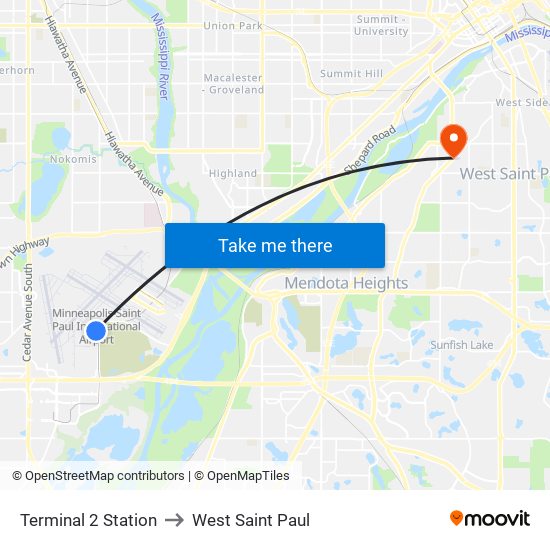 Terminal 2 Station to West Saint Paul map