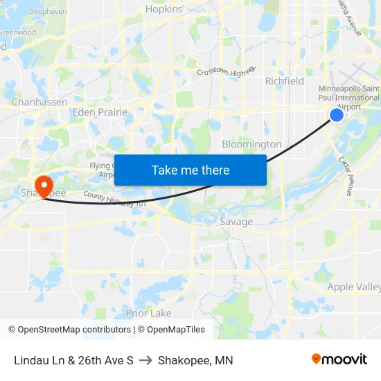 Lindau Ln & 26th Ave S to Shakopee, MN map