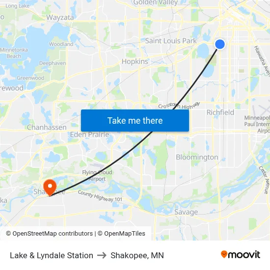 Lake & Lyndale Station to Shakopee, MN map