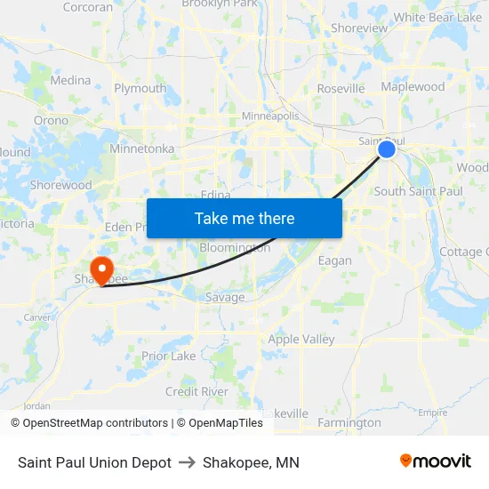Saint Paul Union Depot to Shakopee, MN map