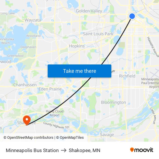 Minneapolis Bus Station to Shakopee, MN map