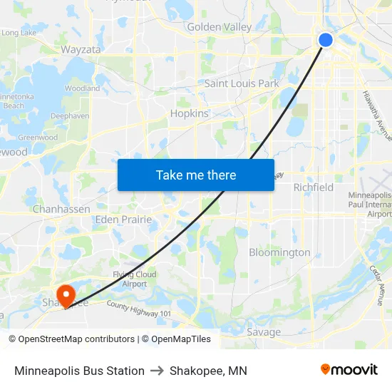 Minneapolis Bus Station to Shakopee, MN map