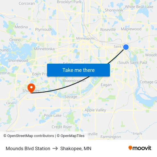 Mounds Blvd Station to Shakopee, MN map