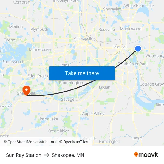 Sun Ray Station to Shakopee, MN map