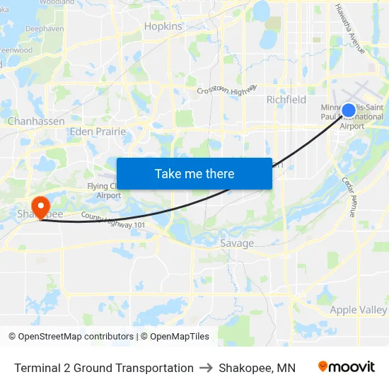 Terminal 2 Ground Transportation to Shakopee, MN map